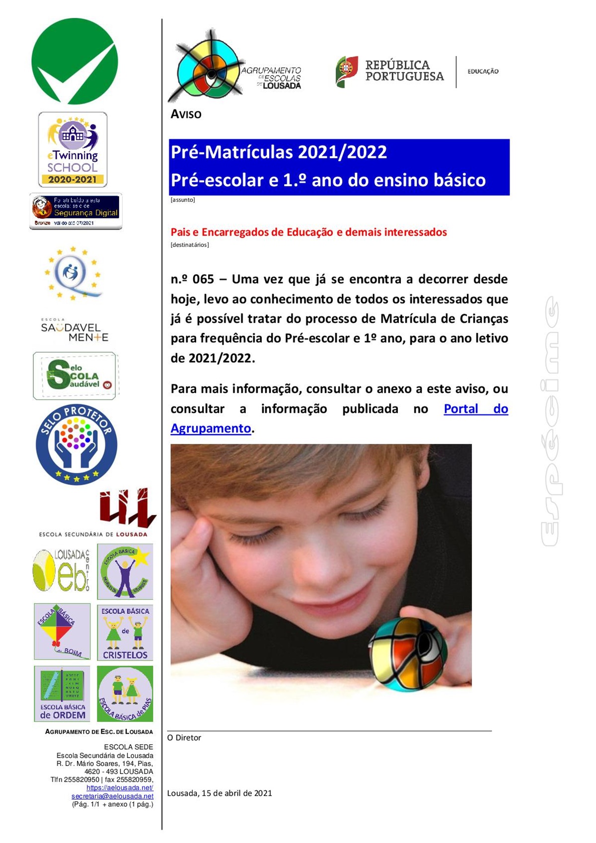 21 04 15 pagina 01 divulgacao matriculas pre 1 ano 2021 2022
