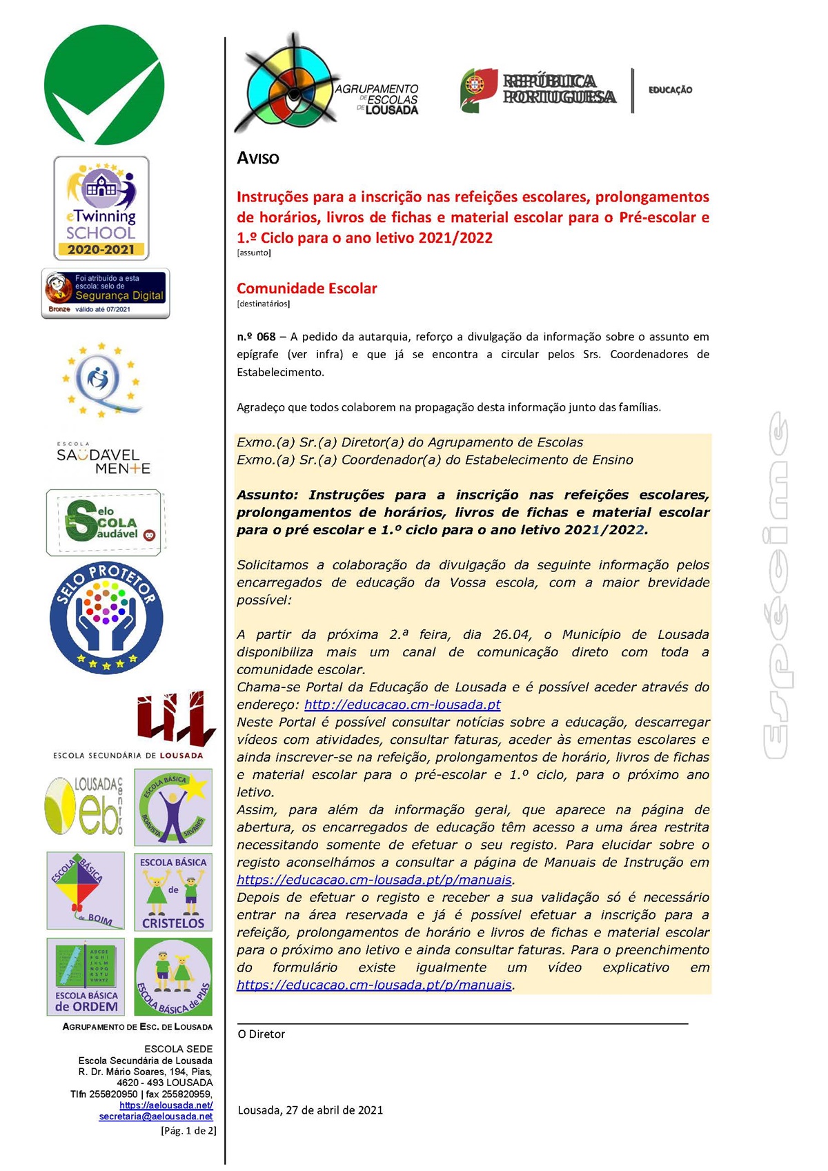 21 04 27 pag 01 informacoes pre escolar 1 ciclo 21 22